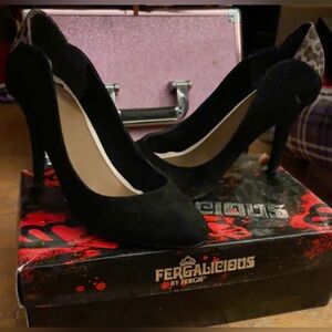 Fergalicious-Faux Suede-Black Heels with Leopard Accent On Backs-Only Tried On